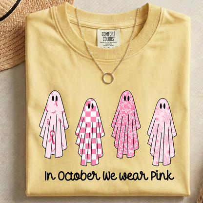 In October We Wear Pink PNG, Breast Cancer Ghost T-Shirt Design, Halloween Awareness Graphic