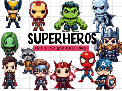 Superhero PNG Clipart Bundle, Comic Hero Chibi Character Graphics
