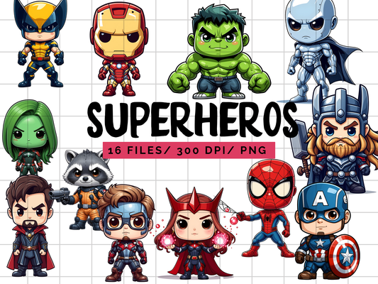 Superhero PNG Clipart Bundle, Comic Hero Chibi Character Graphics