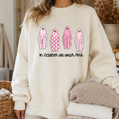 In October We Wear Pink PNG, Breast Cancer Ghost T-Shirt Design, Halloween Awareness Graphic