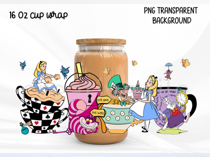 Wonderland Tea Party Glass Can Wrap PNG, Fairy Tale Coffee design