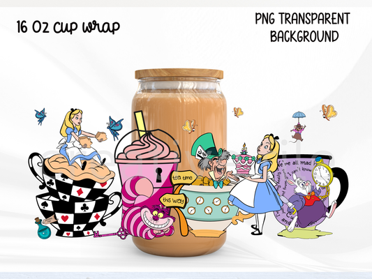 Wonderland Tea Party Glass Can Wrap PNG, Fairy Tale Coffee design