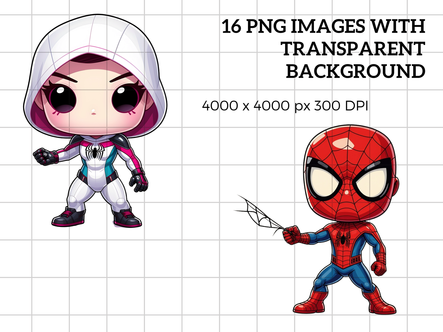Superhero PNG Clipart Bundle, Comic Hero Chibi Character Graphics