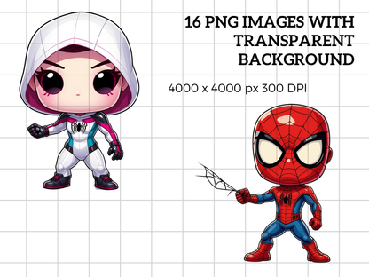 Superhero PNG Clipart Bundle, Comic Hero Chibi Character Graphics