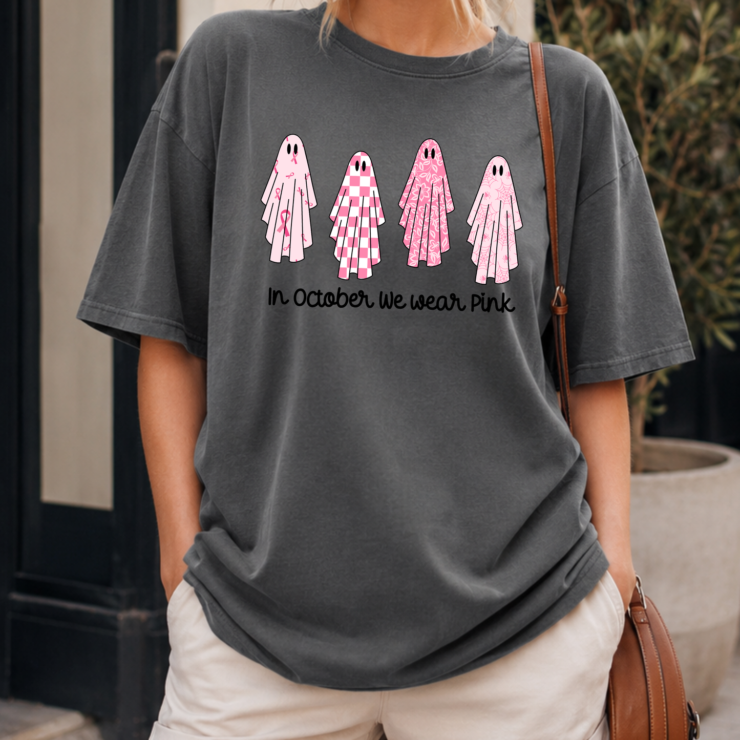 In October We Wear Pink PNG, Breast Cancer Ghost T-Shirt Design, Halloween Awareness Graphic