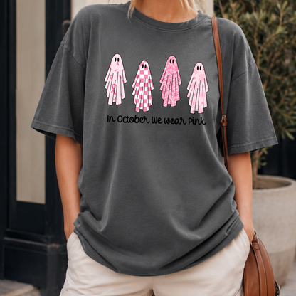 In October We Wear Pink PNG, Breast Cancer Ghost T-Shirt Design, Halloween Awareness Graphic