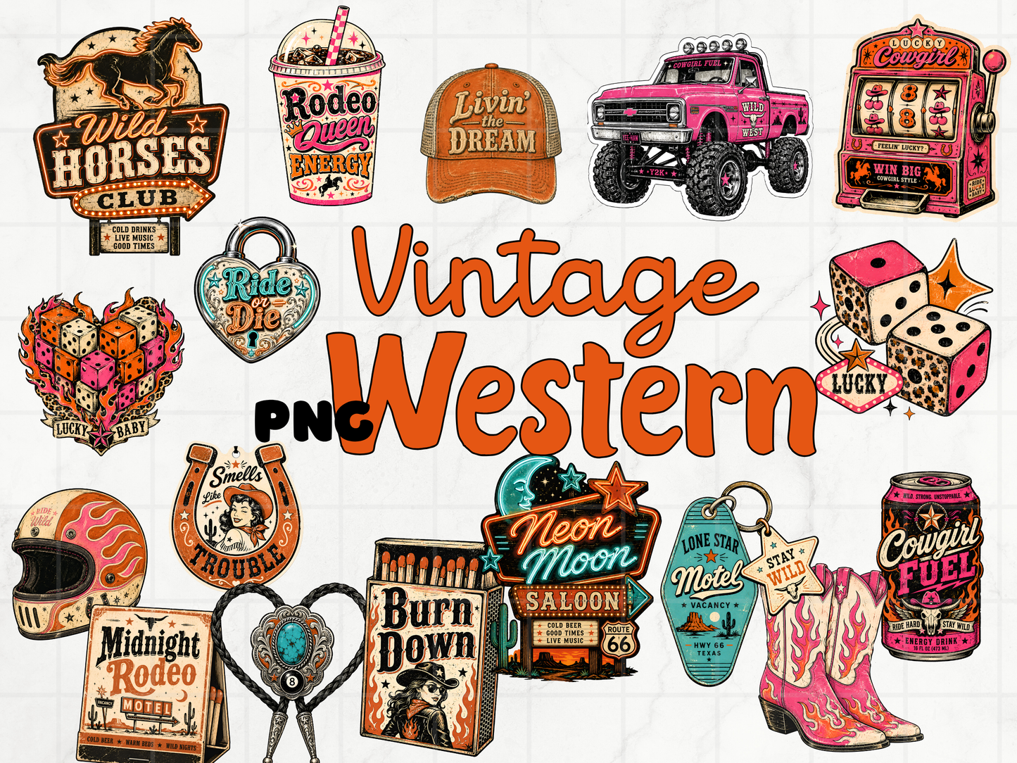 Vintage Western PNG Clipart Bundle, Retro Cowgirl Rodeo Graphics