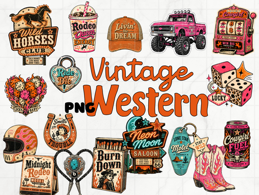 Vintage Western PNG Clipart Bundle, Retro Cowgirl Rodeo Graphics