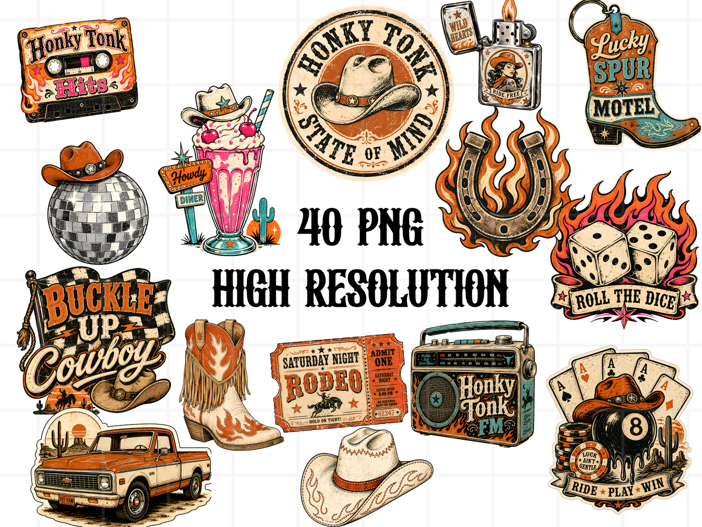 Vintage Western PNG Clipart Bundle, Retro Cowgirl Rodeo Graphics