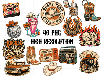 Vintage Western PNG Clipart Bundle, Retro Cowgirl Rodeo Graphics