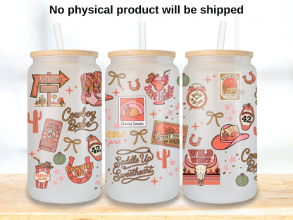 Pink Cowgirl 16oz Glass Can Wrap PNG, Wild West Cup Wrap, Western Babe Libbey Design