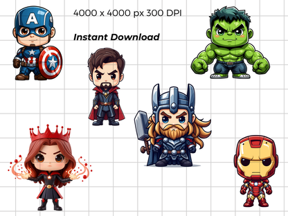 Superhero PNG Clipart Bundle, Comic Hero Chibi Character Graphics