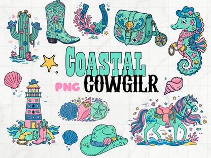 Coastal Cowgirl PNG Clipart Bundle, Beach Western Summer Graphics