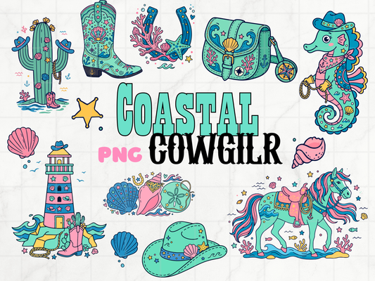 Coastal Cowgirl PNG Clipart Bundle, Beach Western Summer Graphics