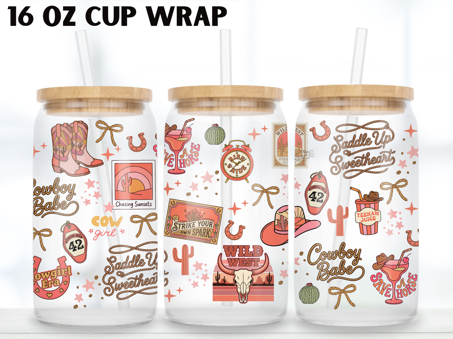 Pink Cowgirl 16oz Glass Can Wrap PNG, Wild West Cup Wrap, Western Babe Libbey Design