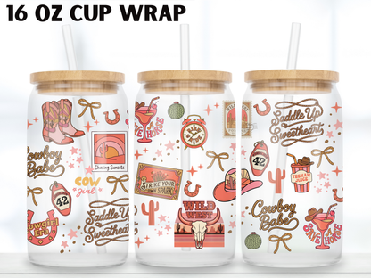 Pink Cowgirl 16oz Glass Can Wrap PNG, Wild West Cup Wrap, Western Babe Libbey Design