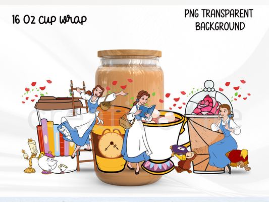 Bookish Princess 16oz Glass Can Wrap PNG, Belle Book Club png