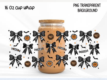 Skeleton Bow 16oz Glass Can Wrap PNG, Black Halloween Ribbon Cup Wrap, Gothic Coquette Libbey PNG