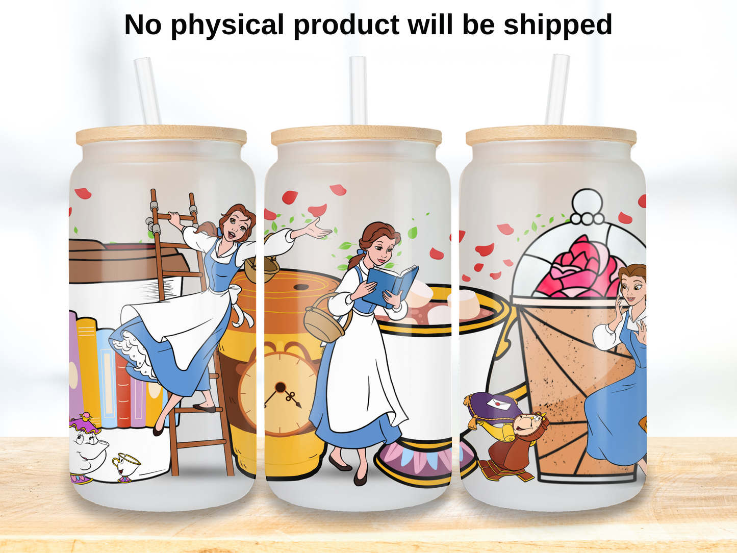 Bookish Princess 16oz Glass Can Wrap PNG, Belle Book Club png
