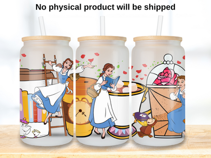 Bookish Princess 16oz Glass Can Wrap PNG, Belle Book Club png