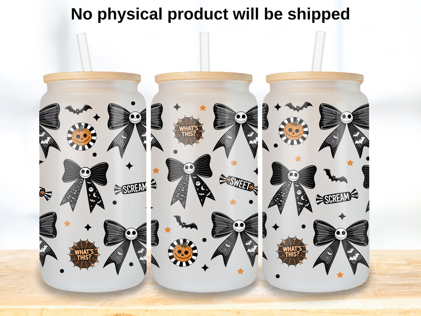 Skeleton Bow 16oz Glass Can Wrap PNG, Black Halloween Ribbon Cup Wrap, Gothic Coquette Libbey PNG