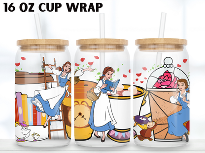 Bookish Princess 16oz Glass Can Wrap PNG, Belle Book Club png