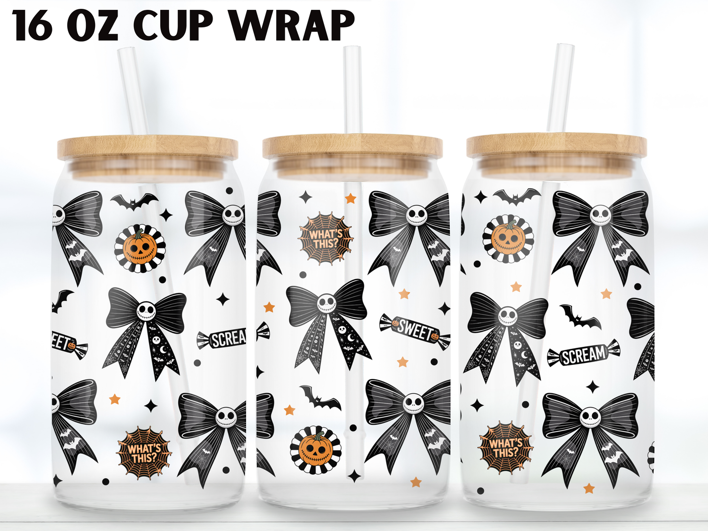 Skeleton Bow 16oz Glass Can Wrap PNG, Black Halloween Ribbon Cup Wrap, Gothic Coquette Libbey PNG