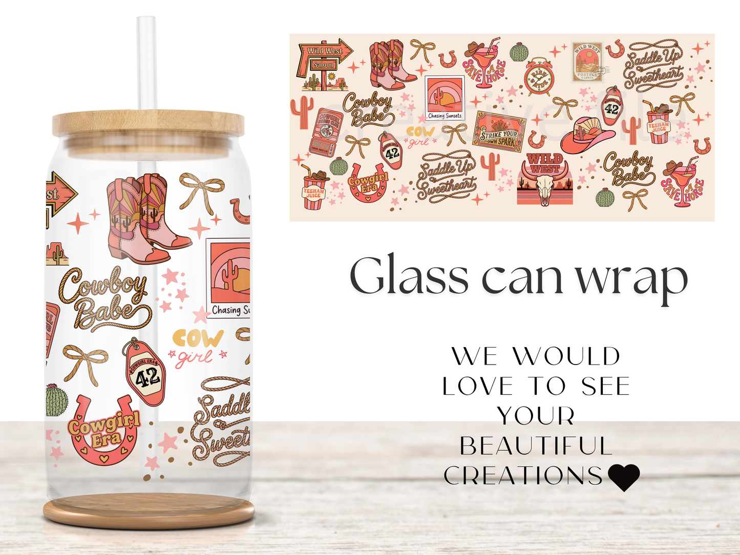 Pink Cowgirl 16oz Glass Can Wrap PNG, Wild West Cup Wrap, Western Babe Libbey Design
