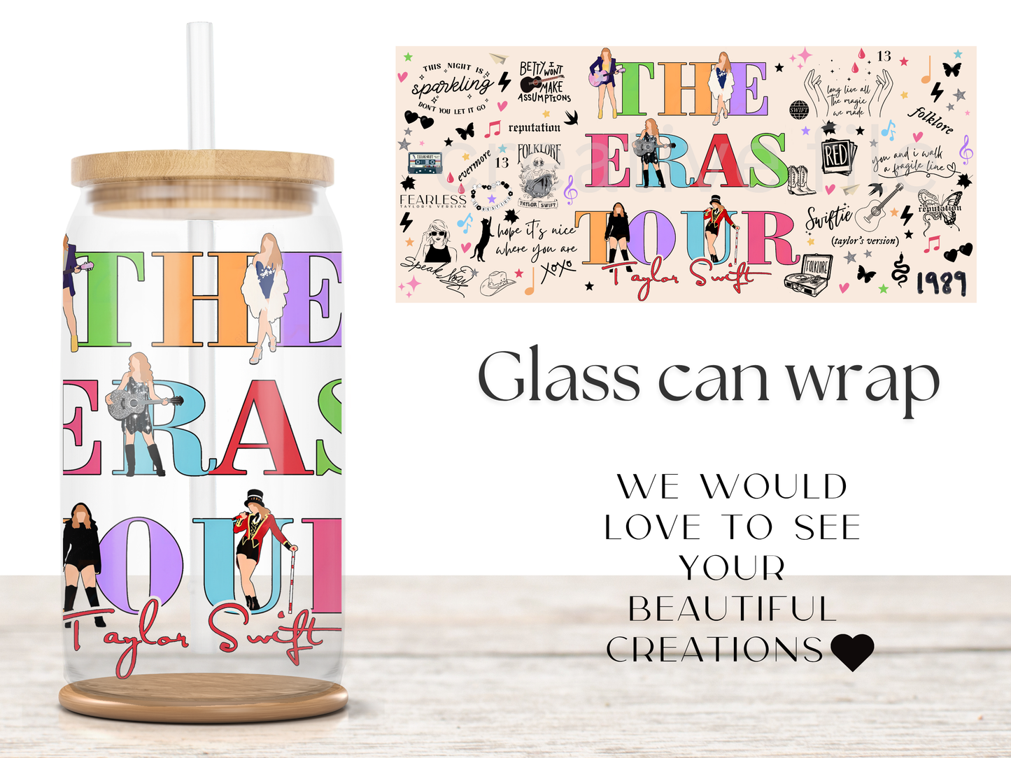 Eras Inspired 16oz Glass Can Wrap PNG, Pop Music Fan Cup Wrap design, Colorful Concert girly design