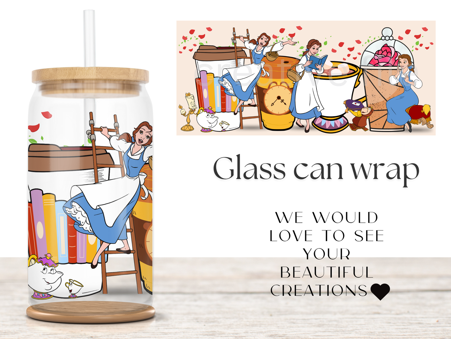 Bookish Princess 16oz Glass Can Wrap PNG, Belle Book Club png