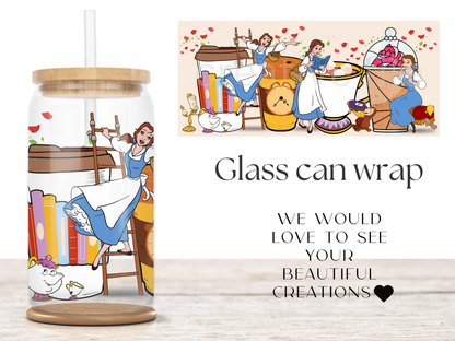 Bookish Princess 16oz Glass Can Wrap PNG, Belle Book Club png