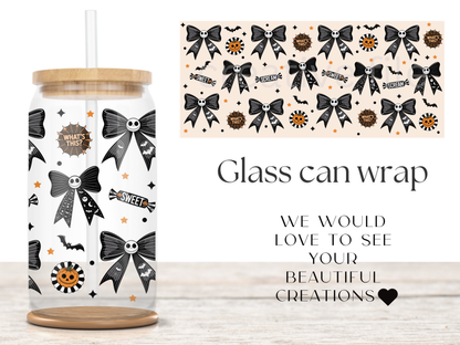 Skeleton Bow 16oz Glass Can Wrap PNG, Black Halloween Ribbon Cup Wrap, Gothic Coquette Libbey PNG