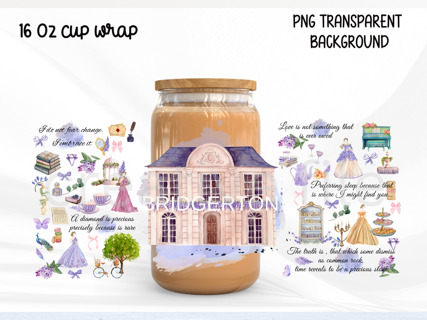 Regency Romance Glass Can Wrap PNG, Book Reader Inspired Tea Party wrap design