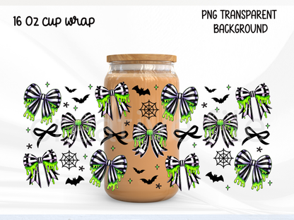 Slime Stripe Bow 16oz Glass Can Wrap PNG, Green Gothic Halloween Cup Wrap, Spooky Ribbon PNG