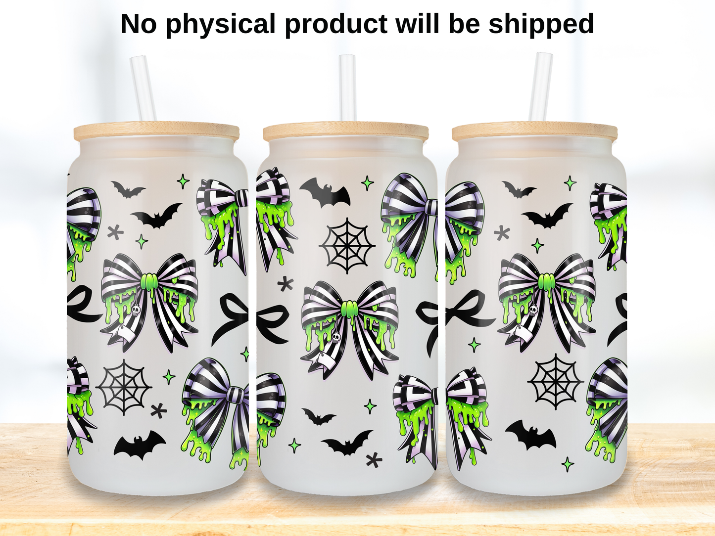 Slime Stripe Bow 16oz Glass Can Wrap PNG, Green Gothic Halloween Cup Wrap, Spooky Ribbon PNG