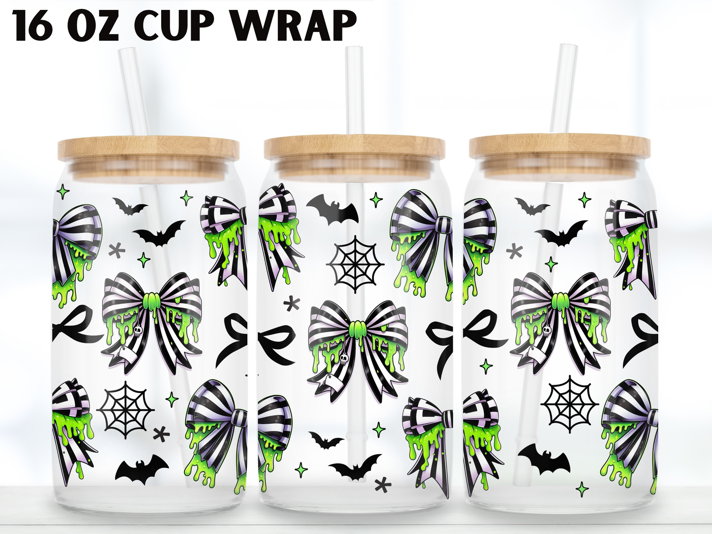 Slime Stripe Bow 16oz Glass Can Wrap PNG, Green Gothic Halloween Cup Wrap, Spooky Ribbon PNG