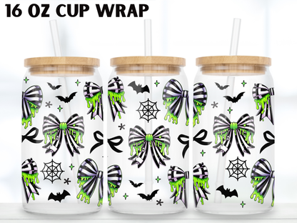 Slime Stripe Bow 16oz Glass Can Wrap PNG, Green Gothic Halloween Cup Wrap, Spooky Ribbon PNG