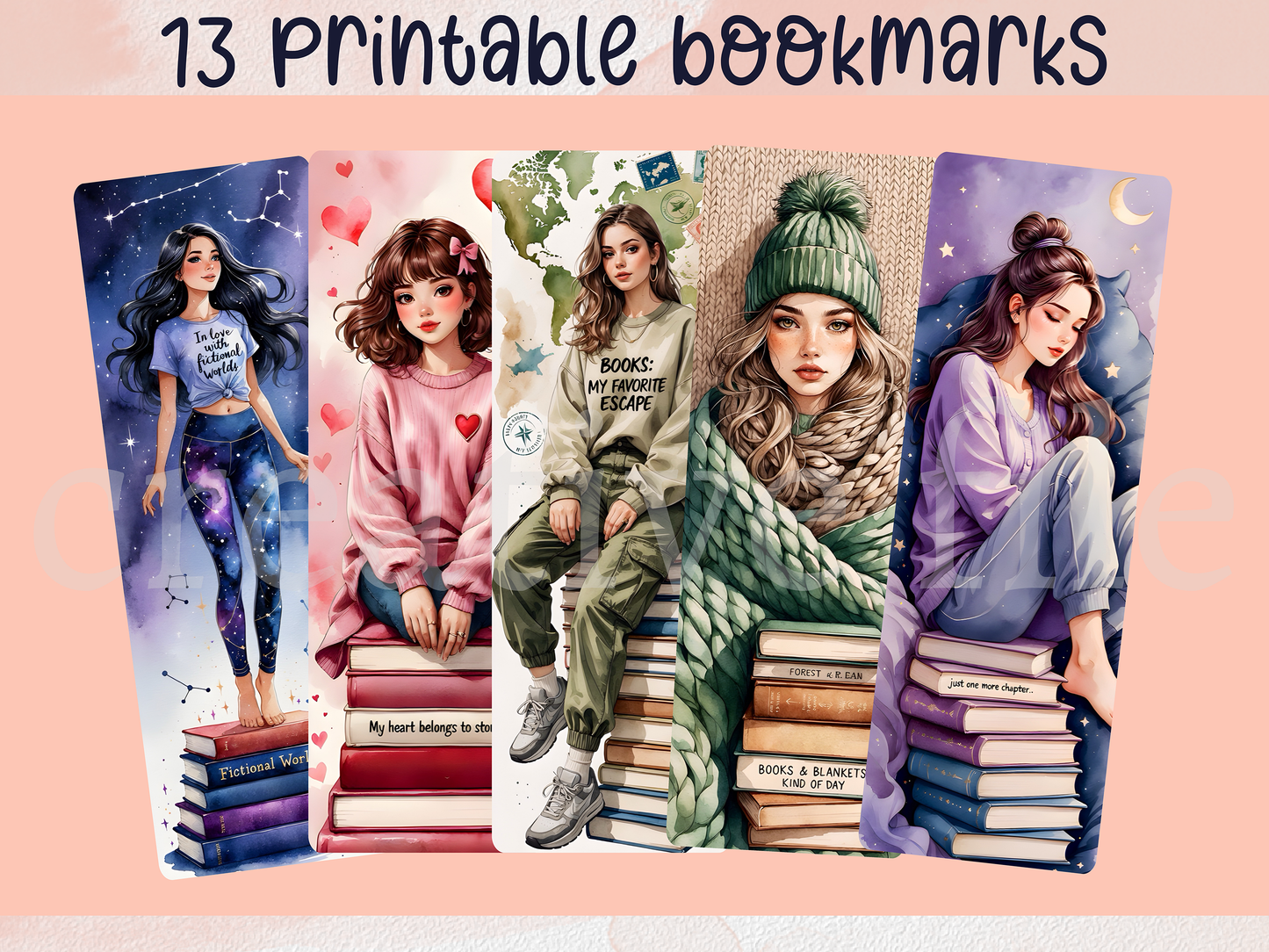 13 Printable Bookmarks Bundle, Cozy Book Girl Bookmarks PNG
