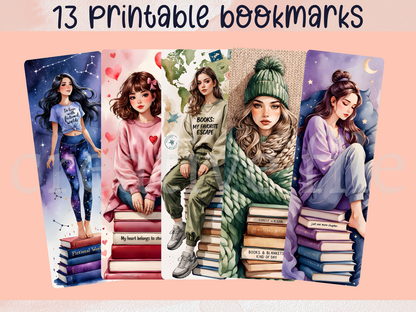 13 Printable Bookmarks Bundle, Cozy Book Girl Bookmarks PNG