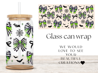 Slime Stripe Bow 16oz Glass Can Wrap PNG, Green Gothic Halloween Cup Wrap, Spooky Ribbon PNG