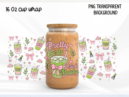 Pretty Girls Drink Matcha Glass Can Wrap PNG