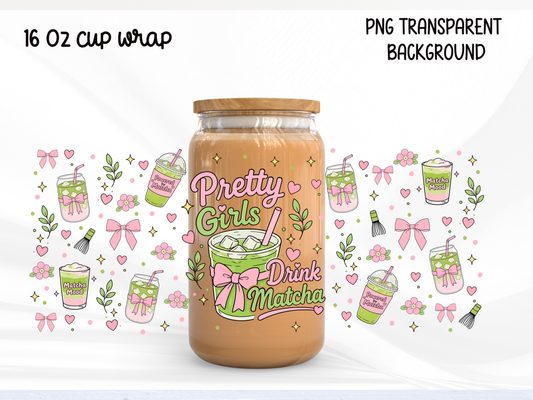 Pretty Girls Drink Matcha Glass Can Wrap PNG