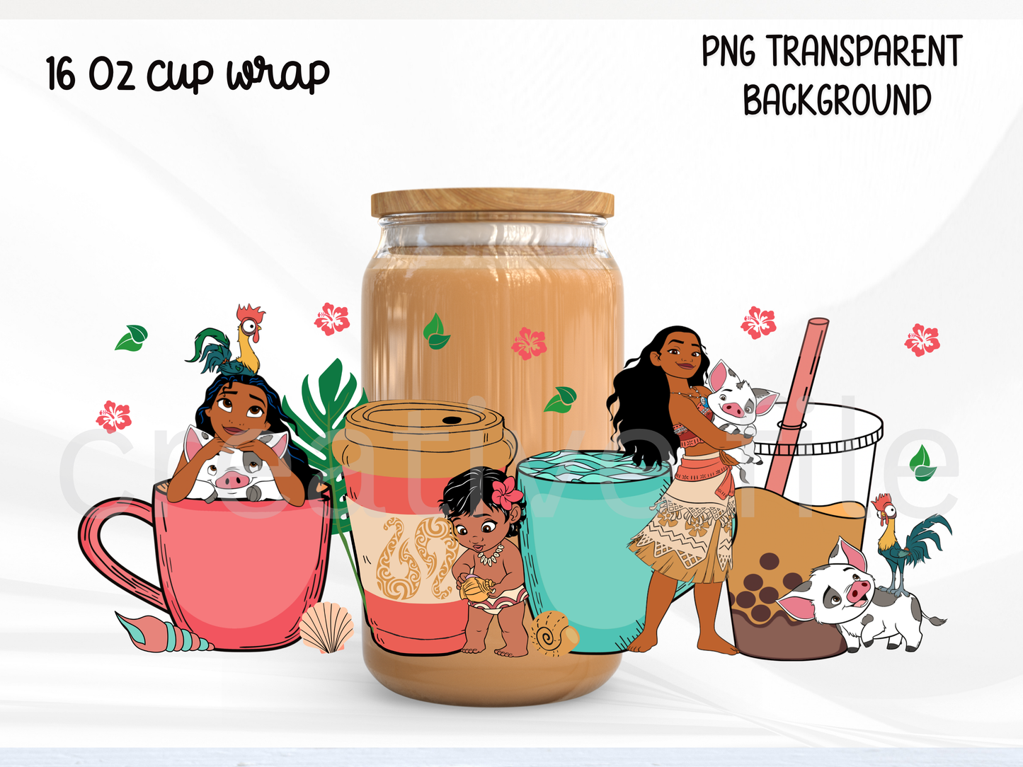 Island Princess 16oz Glass Can Wrap PNG, Tropical Ocean Character Cup