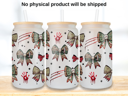 Slasher Mask Bow Glass Can Wrap PNG, Horror Ribbon Cup Wrap, Bloody Halloween