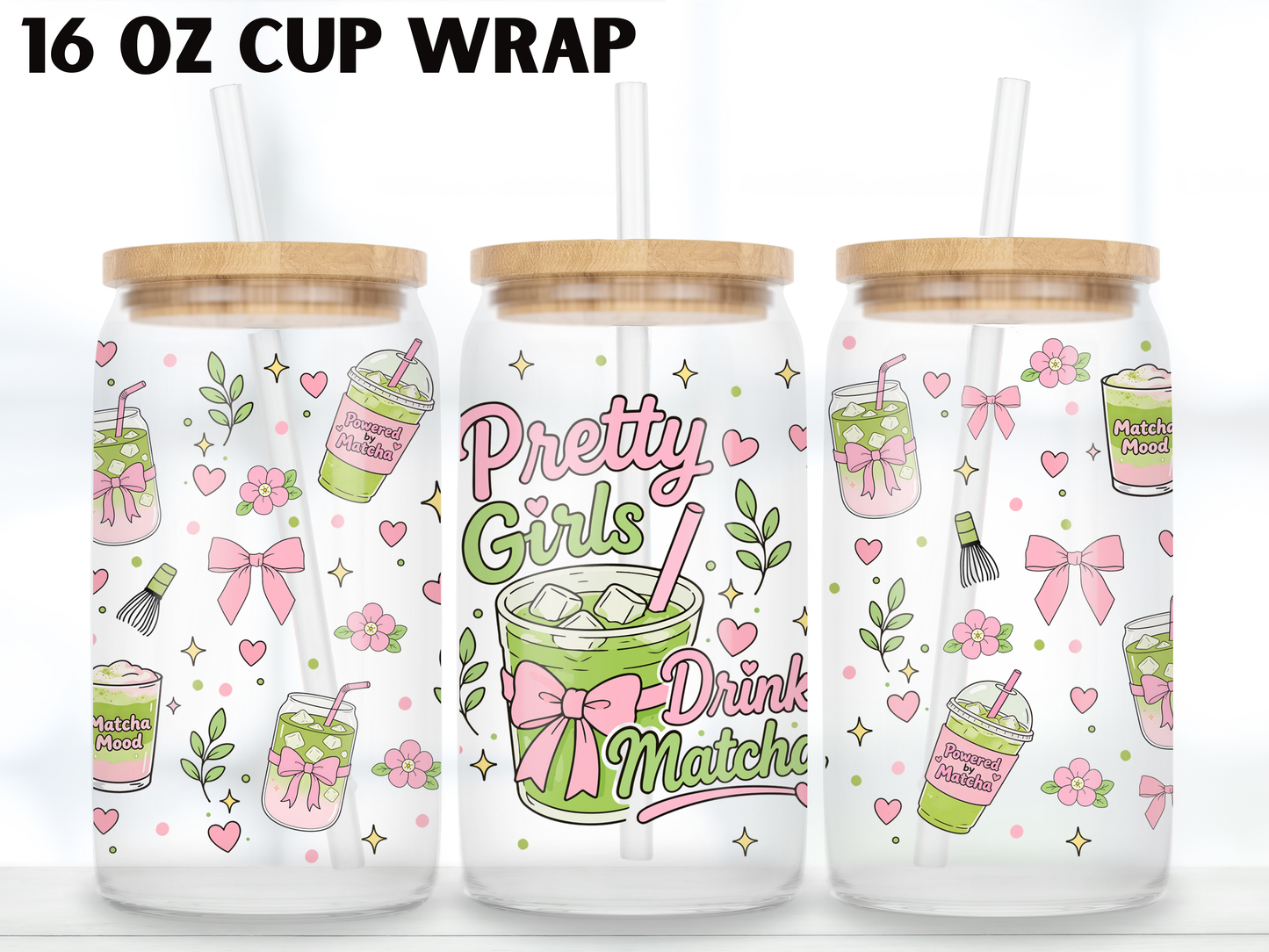 Pretty Girls Drink Matcha Glass Can Wrap PNG