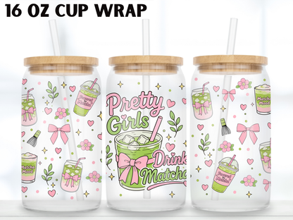Pretty Girls Drink Matcha Glass Can Wrap PNG