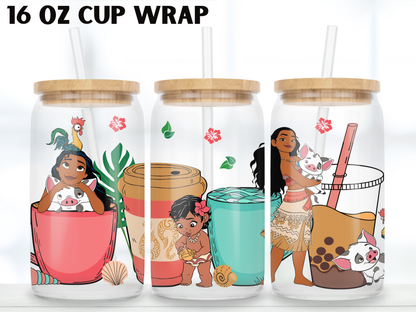 Island Princess 16oz Glass Can Wrap PNG, Tropical Ocean Character Cup