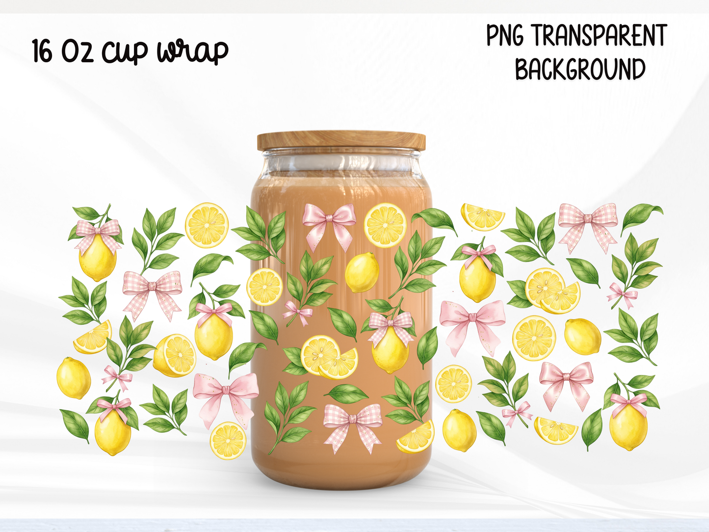 Lemon Bow 16oz Glass Can Wrap PNG, Watercolor Lemon Cup Wrap, Pink Bow Summer Libbey PNG