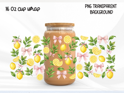 Lemon Bow 16oz Glass Can Wrap PNG, Watercolor Lemon Cup Wrap, Pink Bow Summer Libbey PNG