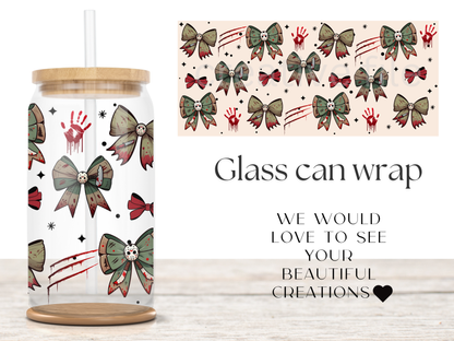 Slasher Mask Bow Glass Can Wrap PNG, Horror Ribbon Cup Wrap, Bloody Halloween